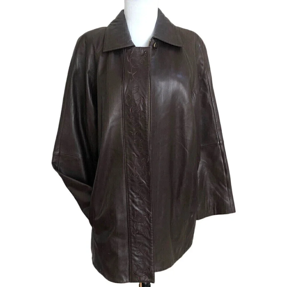 Vintage LNR Brown Leather Jacket Small Embroidered Grunge Classic 80s 90s Soft